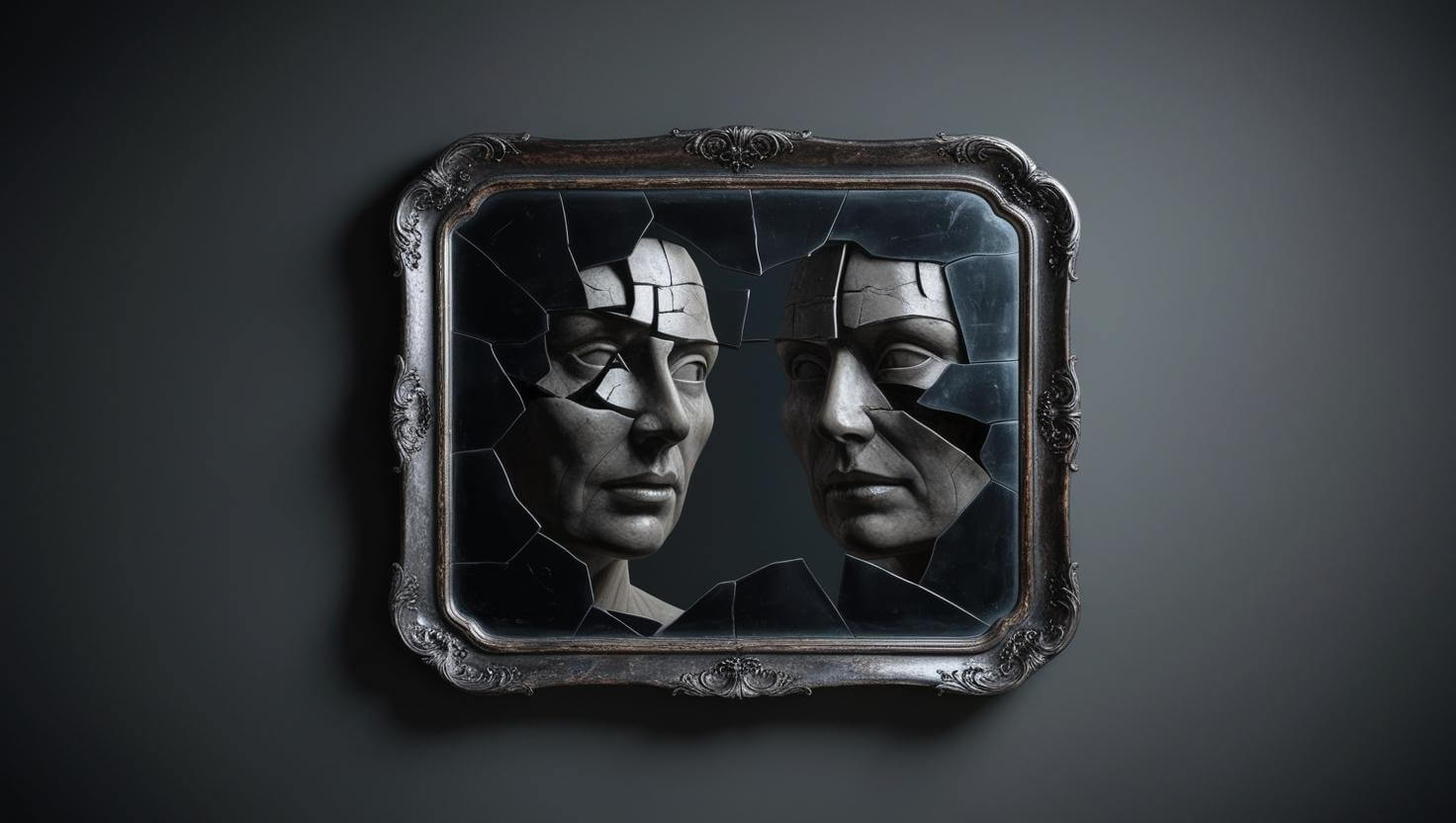 Kırık ayna önünde 'Narsist' yazısı: Narsisistik kişilik bozukluğu belirtilerini gösteren konsept görsel